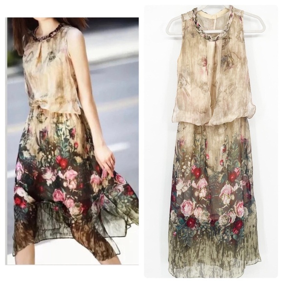 Queen Mulock Dress Floral Silk Chiffon Midi Sleeveless Size S Roses Romantic - Picture 4 of 14